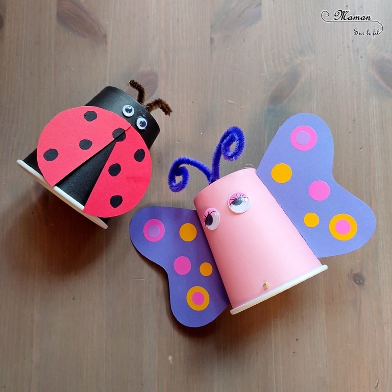 Activité créative et manuelle / bricolage enfants - Fabriquer des insectes sauteurs avec des gobelets / verres en carton - Papillon et coccinelle qui sautent grâce aux élastiques - récup', recyclage, surcyclage - Papier, gommettes, yeux mobiles, fils chenille - Jeu DIY rigolo - Décoration - Bricolage pour le printemps ou un thème sur les insectes et autres petites bêtes du jardin - animaux - Arts visuels Maternelle et élémentaire - Créativité - Cycle 1 ou 2 - Tutoriel Photos et vidéos - mslf