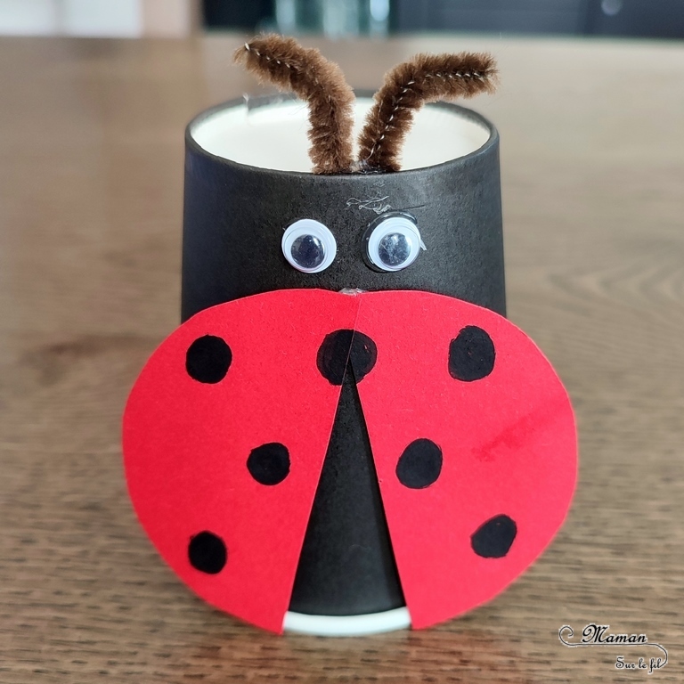 Activité créative et manuelle / bricolage enfants - Fabriquer des insectes sauteurs avec des gobelets / verres en carton - Papillon et coccinelle qui sautent grâce aux élastiques - récup', recyclage, surcyclage - Papier, gommettes, yeux mobiles, fils chenille - Jeu DIY rigolo - Décoration - Bricolage pour le printemps ou un thème sur les insectes et autres petites bêtes du jardin - animaux - Arts visuels Maternelle et élémentaire - Créativité - Cycle 1 ou 2 - Tutoriel Photos et vidéos - mslf