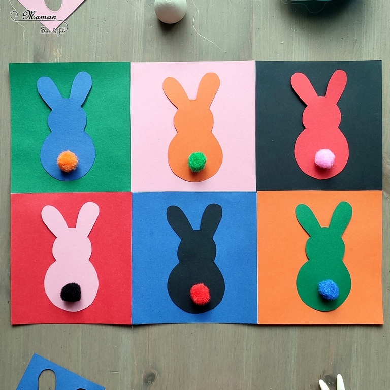 Activité créative, manuelle, pédagogique et éducative enfants - Fabriquer un jeu des petits lapins de Pâques façon Andy Warhol - 2 en 1 - Multiples utilisations - Jeu DIY à fabriquer ou art visuel à la manière Andy Warhol - Papiers colorés, découpage, pompons et collage - Association de couleurs ou utilisation libre et créative - Bricolage facile pour printemps, Pâques ou thème animaux de la ferme - Atelier Maternelle et élémentaire - Créativité - Cycle 1 ou 2 - mslf