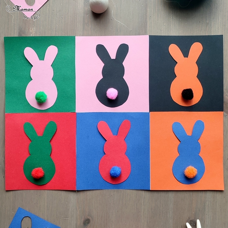 Activité créative, manuelle, pédagogique et éducative enfants - Fabriquer un jeu des petits lapins de Pâques façon Andy Warhol - 2 en 1 - Multiples utilisations - Jeu DIY à fabriquer ou art visuel à la manière Andy Warhol - Papiers colorés, découpage, pompons et collage - Association de couleurs ou utilisation libre et créative - Bricolage facile pour printemps, Pâques ou thème animaux de la ferme - Atelier Maternelle et élémentaire - Créativité - Cycle 1 ou 2 - mslf