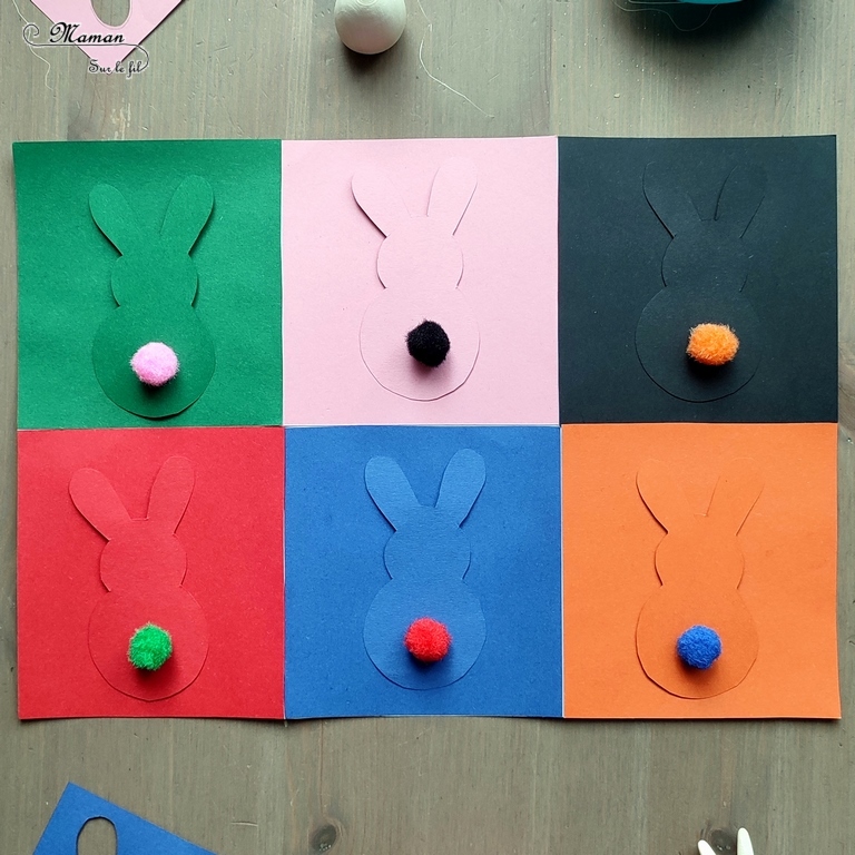 Activité créative, manuelle, pédagogique et éducative enfants - Fabriquer un jeu des petits lapins de Pâques façon Andy Warhol - 2 en 1 - Multiples utilisations - Jeu DIY à fabriquer ou art visuel à la manière Andy Warhol - Papiers colorés, découpage, pompons et collage - Association de couleurs ou utilisation libre et créative - Bricolage facile pour printemps, Pâques ou thème animaux de la ferme - Atelier Maternelle et élémentaire - Créativité - Cycle 1 ou 2 - mslf