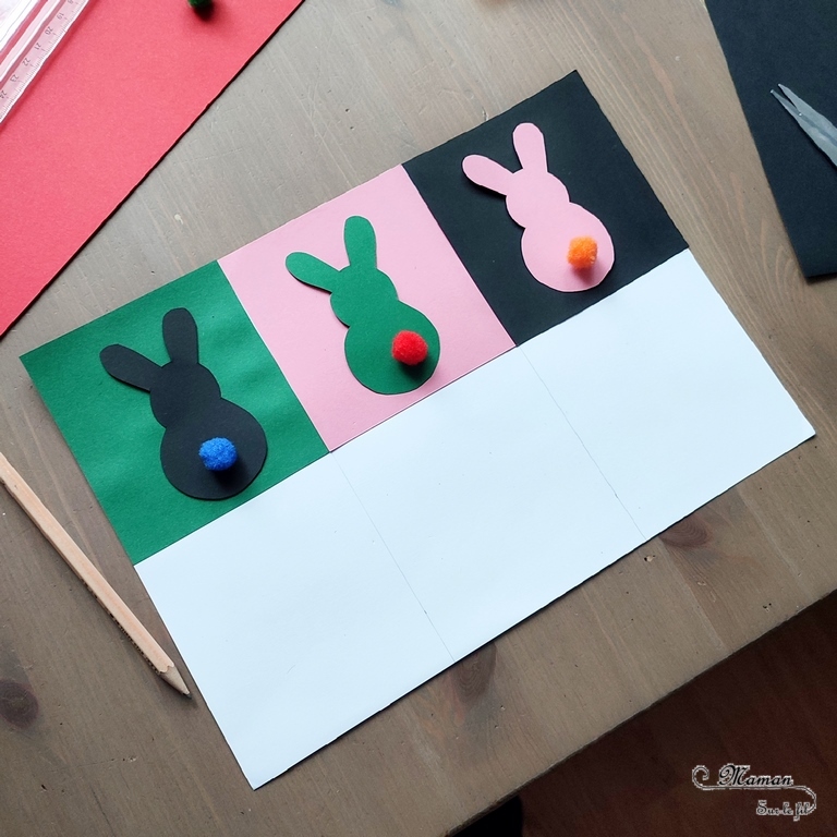 Activité créative, manuelle, pédagogique et éducative enfants - Fabriquer un jeu des petits lapins de Pâques façon Andy Warhol - 2 en 1 - Multiples utilisations - Jeu DIY à fabriquer ou art visuel à la manière Andy Warhol - Papiers colorés, découpage, pompons et collage - Association de couleurs ou utilisation libre et créative - Bricolage facile pour printemps, Pâques ou thème animaux de la ferme - Atelier Maternelle et élémentaire - Créativité - Cycle 1 ou 2 - mslf