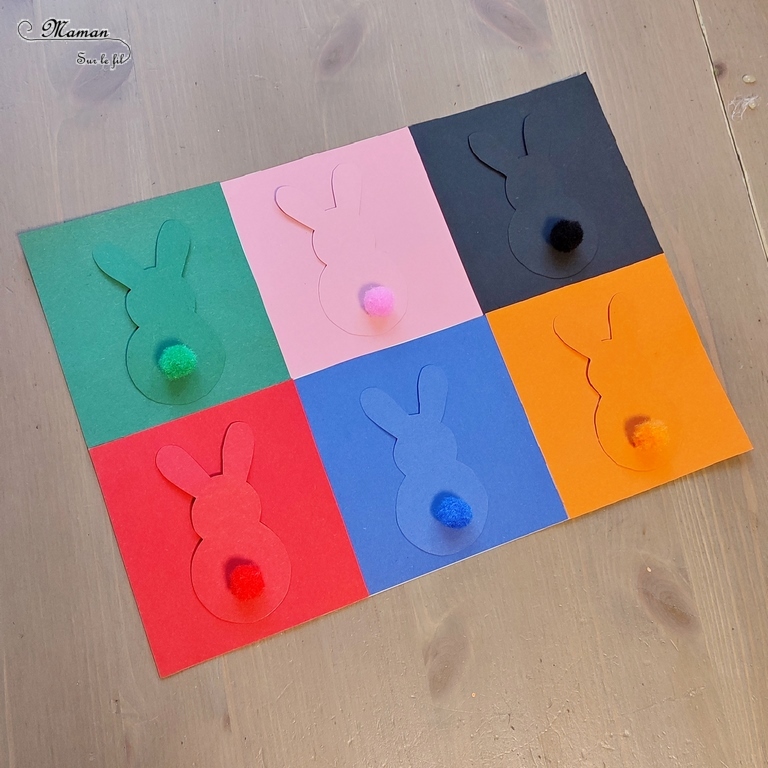 Activité créative, manuelle, pédagogique et éducative enfants - Fabriquer un jeu des petits lapins de Pâques façon Andy Warhol - 2 en 1 - Multiples utilisations - Jeu DIY à fabriquer ou art visuel à la manière Andy Warhol - Papiers colorés, découpage, pompons et collage - Association de couleurs ou utilisation libre et créative - Bricolage facile pour printemps, Pâques ou thème animaux de la ferme - Atelier Maternelle et élémentaire - Créativité - Cycle 1 ou 2 - mslf