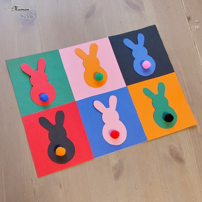 Activité créative, manuelle, pédagogique et éducative enfants - Fabriquer un jeu des petits lapins de Pâques façon Andy Warhol - 2 en 1 - Multiples utilisations - Jeu DIY à fabriquer ou art visuel à la manière Andy Warhol - Papiers colorés, découpage, pompons et collage - Association de couleurs ou utilisation libre et créative - Bricolage facile pour printemps, Pâques ou thème animaux de la ferme - Atelier Maternelle et élémentaire - Créativité - Cycle 1 ou 2 - mslf