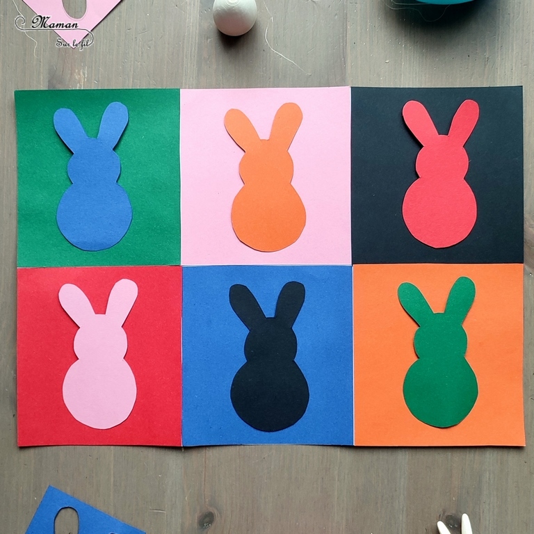 Activité créative, manuelle, pédagogique et éducative enfants - Fabriquer un jeu des petits lapins de Pâques façon Andy Warhol - 2 en 1 - Multiples utilisations - Jeu DIY à fabriquer ou art visuel à la manière Andy Warhol - Papiers colorés, découpage, pompons et collage - Association de couleurs ou utilisation libre et créative - Bricolage facile pour printemps, Pâques ou thème animaux de la ferme - Atelier Maternelle et élémentaire - Créativité - Cycle 1 ou 2 - mslf