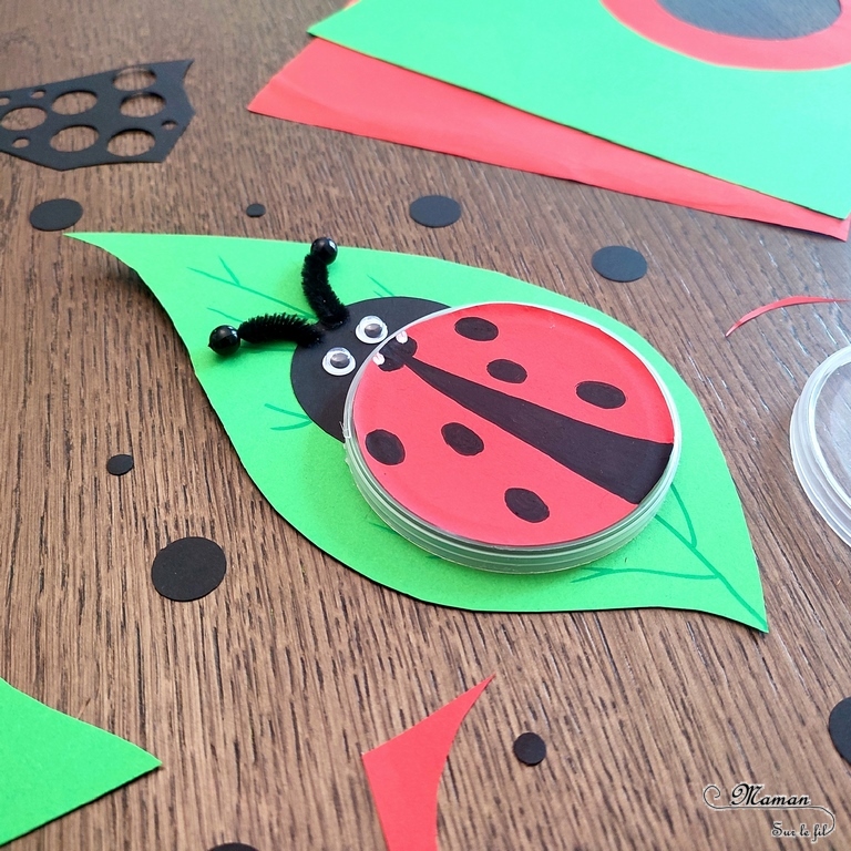 Activité créative et manuelle enfants - Fabriquer des insectes en récup' de bouchons de chips type Pringles - Abeille et coccinelle sur leur feuille - recyclage, surcyclage de bouchons de boites de chips et tuiles type Pringles -Découpage et collage de papier et de calque- Dessin - Décoration - Bricolage facile et rapide pour le printemps ou un thème sur les insectes et animaux - Arts visuels Maternelle et élémentaire - Créativité - Cycle 1 ou 2 - Tutoriel Photos - mslf