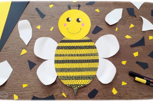 Activité créative et manuelle enfants - Créer une abeille en graphismes - Bandes de papier découpées et collées - Abeille graphique - récup', recyclage, surcyclage assiettes en carton pour les ailes -Découpage et collage - Dessin - Bricolage facile et rapide pour le printemps ou un thème sur les insectes et animaux - Arts visuels Maternelle et élémentaire - Créativité - Cycle 1 ou 2 - Tutoriel Photos - mslf