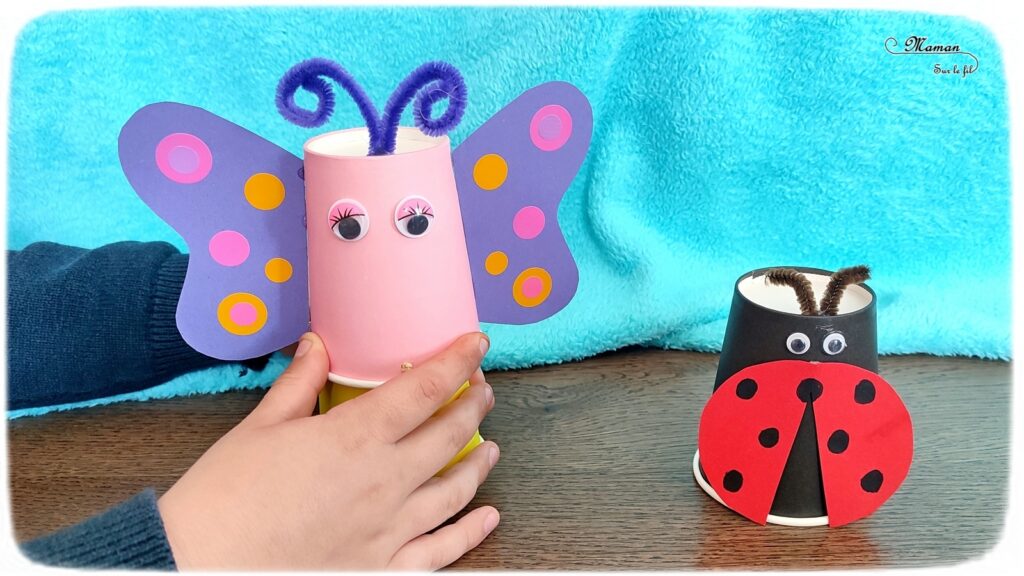 Activité créative et manuelle / bricolage enfants - Fabriquer des insectes sauteurs avec des gobelets / verres en carton - Papillon et coccinelle qui sautent grâce aux élastiques - récup', recyclage, surcyclage - Papier, gommettes, yeux mobiles, fils chenille - Jeu DIY rigolo - Décoration - Bricolage pour le printemps ou un thème sur les insectes et autres petites bêtes du jardin - animaux - Arts visuels Maternelle et élémentaire - Créativité - Cycle 1 ou 2 - Tutoriel Photos et vidéos - mslf