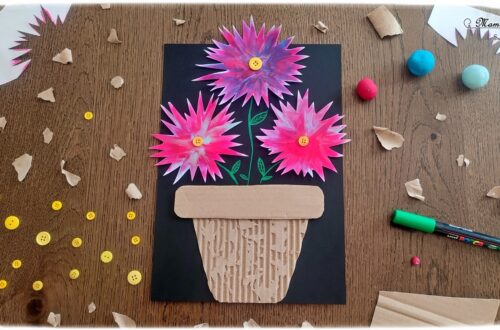 Activité créative et manuelle enfants - Créer des fleurs en pâte à modeler étalée et leur pot en carton déchiré - Technique pour effet marbré - Récup', recyclage, surcyclage de carton ondulé et de boutons - Dessin et Motricité fine - Découpage et collage - Décoration - Bricolage facile et original pour le printemps ou un thème sur les fleurs - Arts visuels Maternelle et élémentaire - Créativité - Cycle 1 ou 2 - Tutoriel Photos - mslf