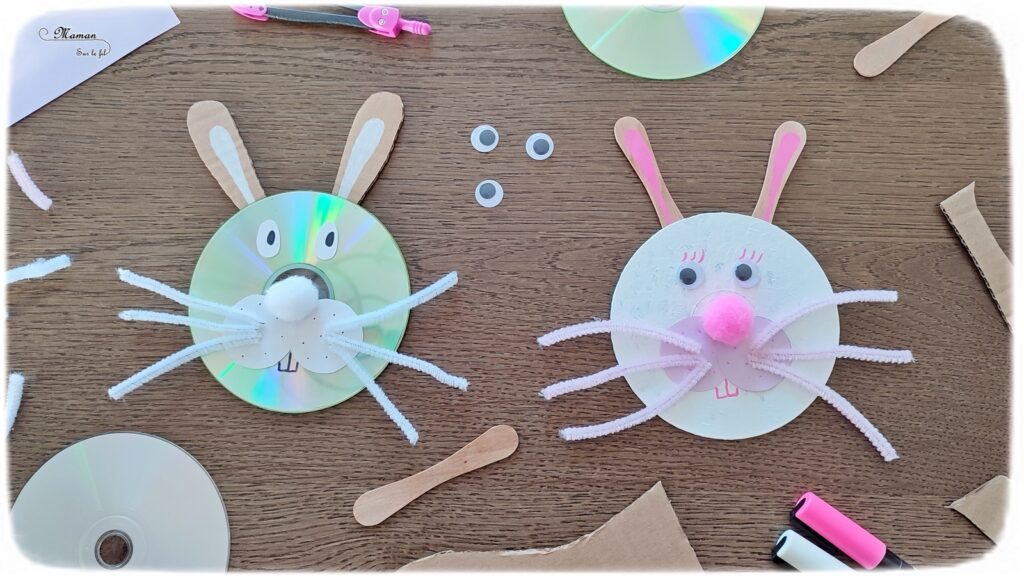 Activité créative et manuelle enfants - Fabriquer des lapins avec de vieux CD - Récup, recyclage, surcyclage carton, cd, bâtonnets de glace en bois - Découpage, collage, peinture - Décoration - Bricolage facile et rapide pour le printemps, Pâques ou un thème sur les animaux de la ferme - Arts visuels Maternelle et élémentaire - Créativité - Cycle 1 ou 2 - Tutoriel Photos - mslf