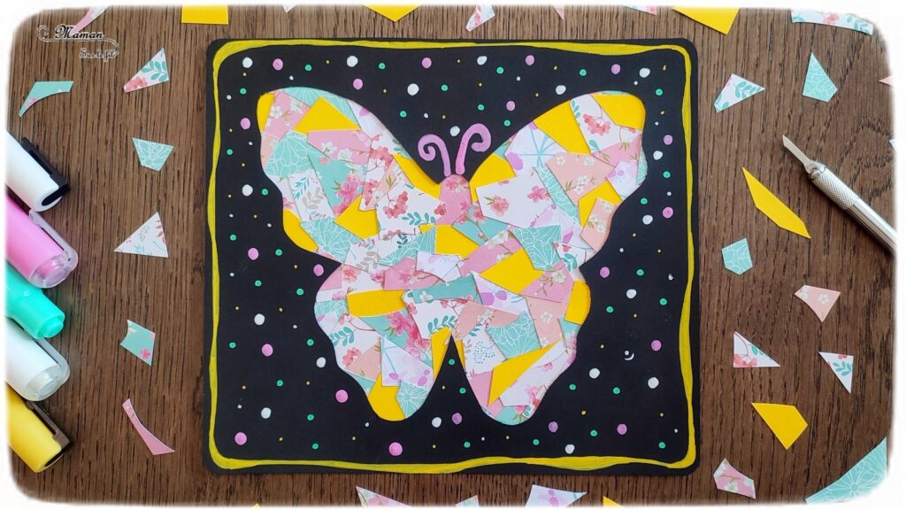 Activité créative et manuelle enfants - Créer un papillon en mosaïque de chutes de papier aux motifs fleuris et printaniers - récup', recyclage, surcyclage - Papier, Découpage collage -Contraste Noir et couleurs - Carte à offrir - Bricolage pour le printemps ou un thème sur les insectes et autres petites bêtes du jardin - animaux - Arts visuels Maternelle et élémentaire - Créativité - Cycle 1 ou 2 - Tutoriel Photos - mslf