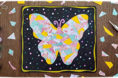 Activité créative et manuelle enfants - Créer un papillon en mosaïque de chutes de papier aux motifs fleuris et printaniers - récup', recyclage, surcyclage - Papier, Découpage collage -Contraste Noir et couleurs - Carte à offrir - Bricolage pour le printemps ou un thème sur les insectes et autres petites bêtes du jardin - animaux - Arts visuels Maternelle et élémentaire - Créativité - Cycle 1 ou 2 - Tutoriel Photos - mslf