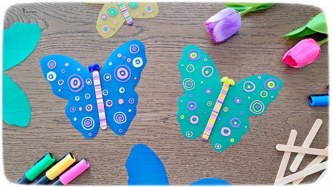 Activité créative et manuelle / bricolage enfants - Fabriquer des papillons volants en plastique souple - Récup', recyclage, surcyclage de pochettes plastique colorées et de bâtonnets de glace en bois - Dessin et graphismes cercles - Fils chenille - Jeu DIY rigolo - Décoration - Bricolage pour le printemps ou un thème sur les insectes et autres petites bêtes du jardin - animaux - Arts visuels Maternelle et élémentaire - Créativité - Cycle 1 ou 2 - Tutoriel Photos et vidéos - mslf