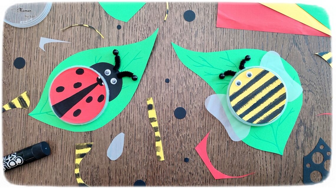 Activité créative et manuelle enfants - Fabriquer des insectes en récup' de bouchons de chips type Pringles - Abeille et coccinelle sur leur feuille - recyclage, surcyclage de bouchons de boites de chips et tuiles type Pringles -Découpage et collage de papier et de calque- Dessin - Décoration - Bricolage facile et rapide pour le printemps ou un thème sur les insectes et animaux - Arts visuels Maternelle et élémentaire - Créativité - Cycle 1 ou 2 - Tutoriel Photos - mslf