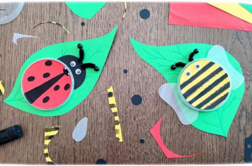 Activité créative et manuelle enfants - Fabriquer des insectes en récup' de bouchons de chips type Pringles - Abeille et coccinelle sur leur feuille - recyclage, surcyclage de bouchons de boites de chips et tuiles type Pringles -Découpage et collage de papier et de calque- Dessin - Décoration - Bricolage facile et rapide pour le printemps ou un thème sur les insectes et animaux - Arts visuels Maternelle et élémentaire - Créativité - Cycle 1 ou 2 - Tutoriel Photos - mslf