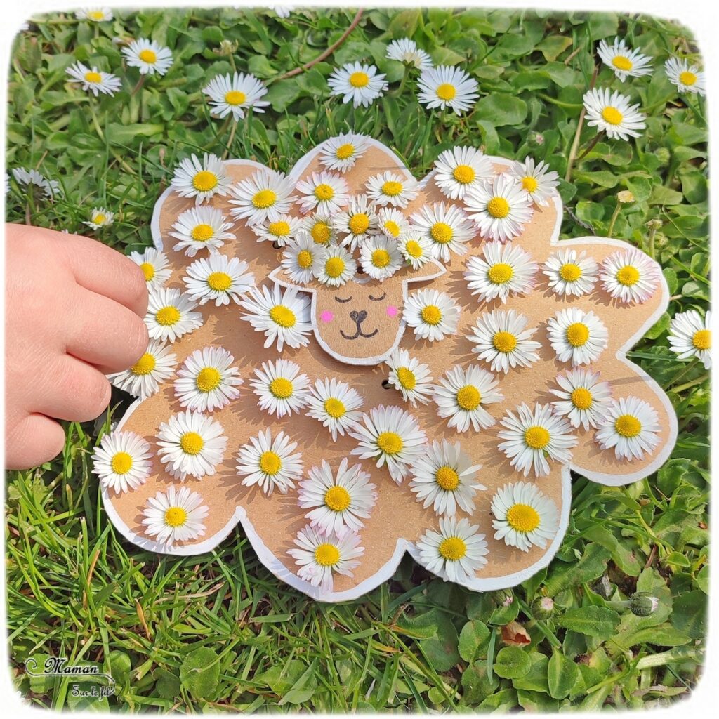 Activité créative et manuelle enfants - Fabriquer un mouton de Pâque en carton et en pâquerettes ou en laine - Récup, recyclage, surcyclage - Découpage, bricolage, dessin, jeu DIY - Motricité fine, tissage, broderie et nature - Land art avec fleurs - Décoration - Bricolage facile et rapide pour Pâques, le printemps ou un thème sur les animaux de la ferme - Arts visuels Maternelle et élémentaire - Créativité - Cycle 1 ou 2 - tutoriel photos - mslf