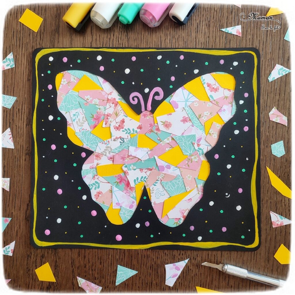 Activité créative et manuelle enfants - Créer un papillon en mosaïque de chutes de papier aux motifs fleuris et printaniers - récup', recyclage, surcyclage - Papier, Découpage collage -Contraste Noir et couleurs - Carte à offrir - Bricolage pour le printemps ou un thème sur les insectes et autres petites bêtes du jardin - animaux - Arts visuels Maternelle et élémentaire - Créativité - Cycle 1 ou 2 - Tutoriel Photos - mslf