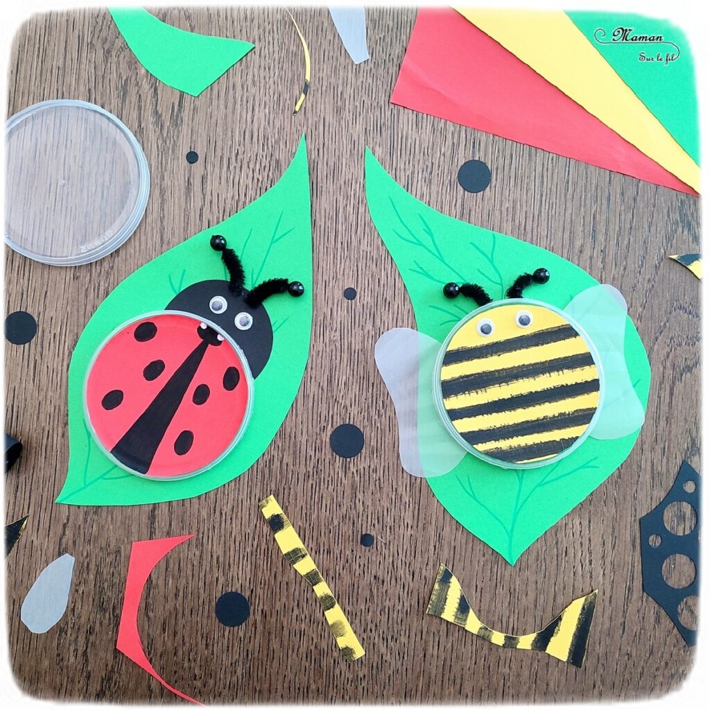 Activité créative et manuelle enfants - Fabriquer des insectes en récup' de bouchons de chips type Pringles - Abeille et coccinelle sur leur feuille - recyclage, surcyclage de bouchons de boites de chips et tuiles type Pringles -Découpage et collage de papier et de calque- Dessin - Décoration - Bricolage facile et rapide pour le printemps ou un thème sur les insectes et animaux - Arts visuels Maternelle et élémentaire - Créativité - Cycle 1 ou 2 - Tutoriel Photos - mslf