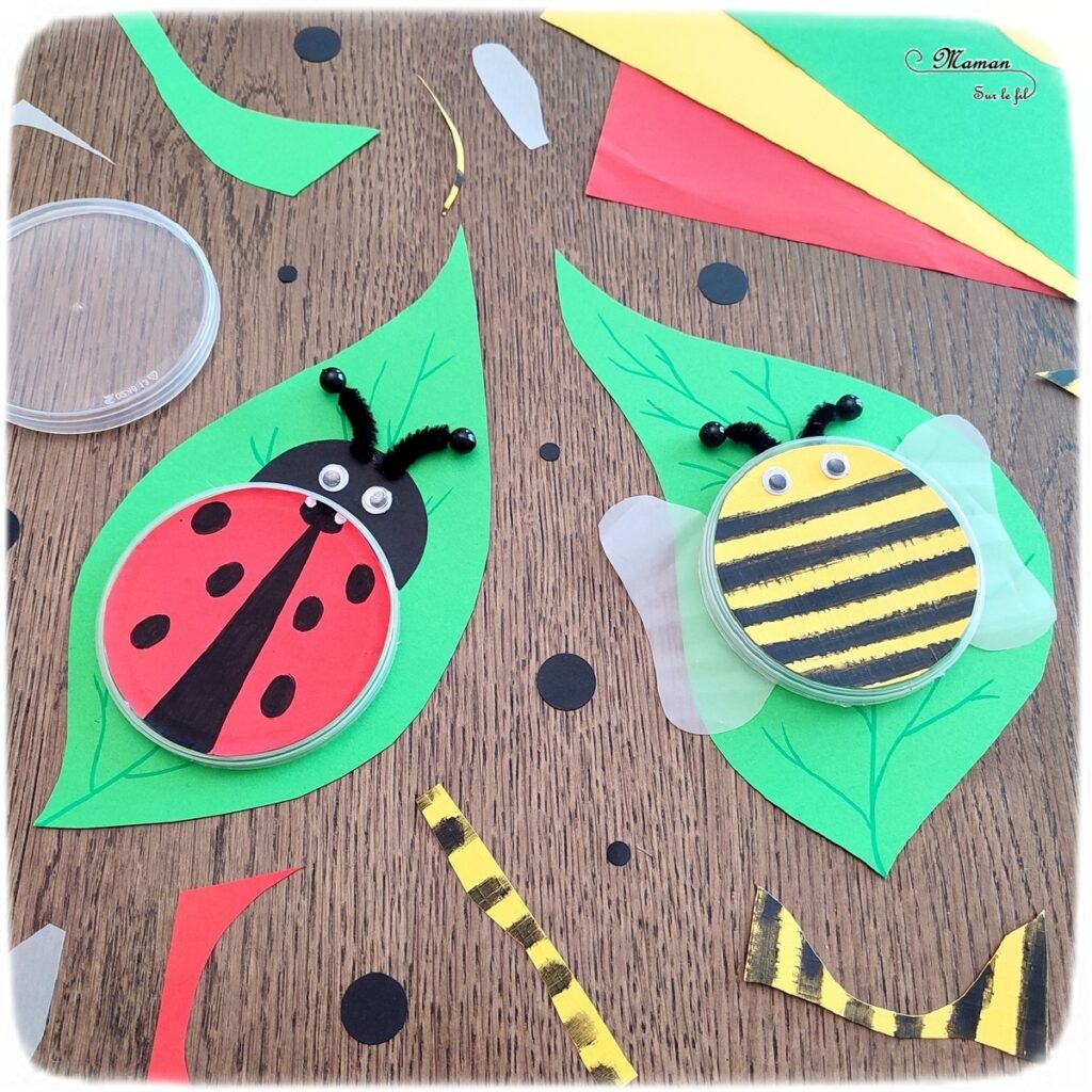 Activité créative et manuelle enfants - Fabriquer des insectes en récup' de bouchons de chips type Pringles - Abeille et coccinelle sur leur feuille - recyclage, surcyclage de bouchons de boites de chips et tuiles type Pringles -Découpage et collage de papier et de calque- Dessin - Décoration - Bricolage facile et rapide pour le printemps ou un thème sur les insectes et animaux - Arts visuels Maternelle et élémentaire - Créativité - Cycle 1 ou 2 - Tutoriel Photos - mslf