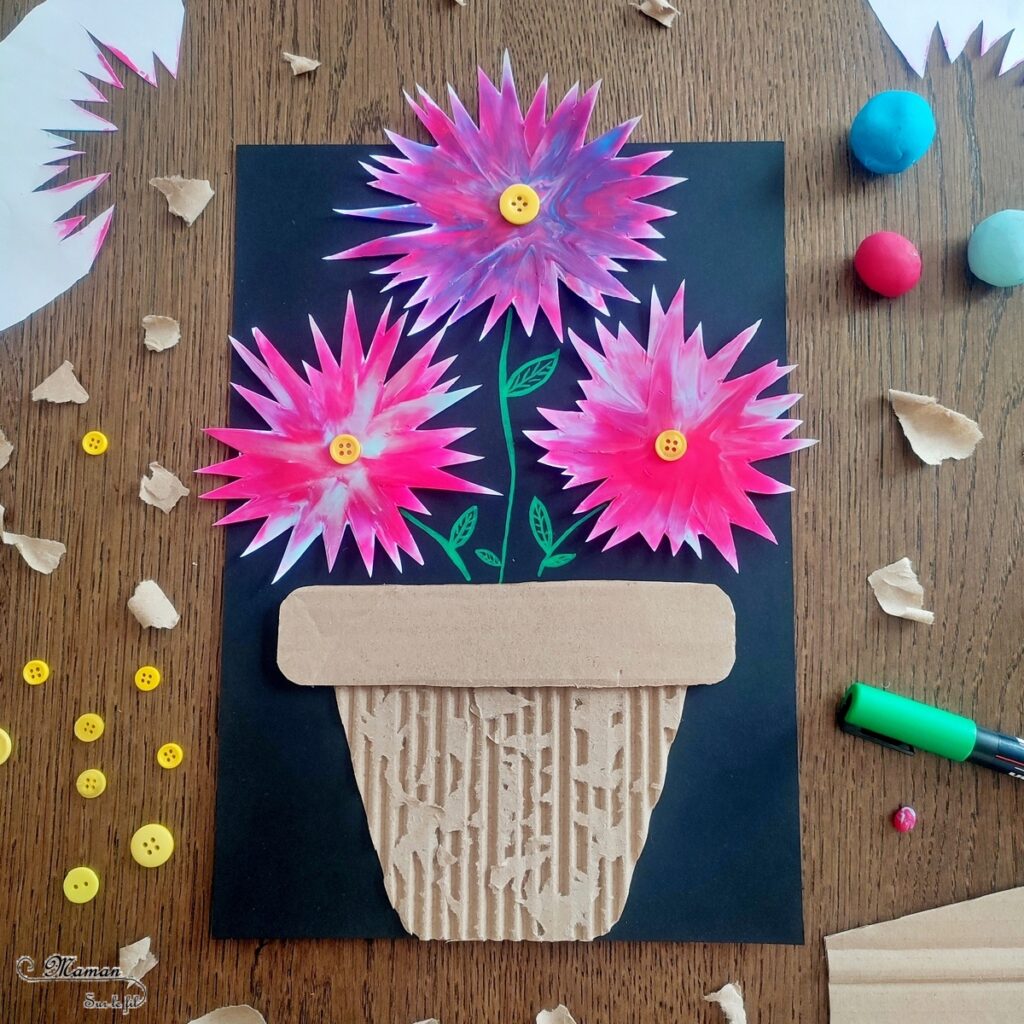 Activité créative et manuelle enfants - Créer des fleurs en pâte à modeler étalée et leur pot en carton déchiré - Technique pour effet marbré - Récup', recyclage, surcyclage de carton ondulé et de boutons - Dessin et Motricité fine - Découpage et collage - Décoration - Bricolage facile et original pour le printemps ou un thème sur les fleurs - Arts visuels Maternelle et élémentaire - Créativité - Cycle 1 ou 2 - Tutoriel Photos - mslf