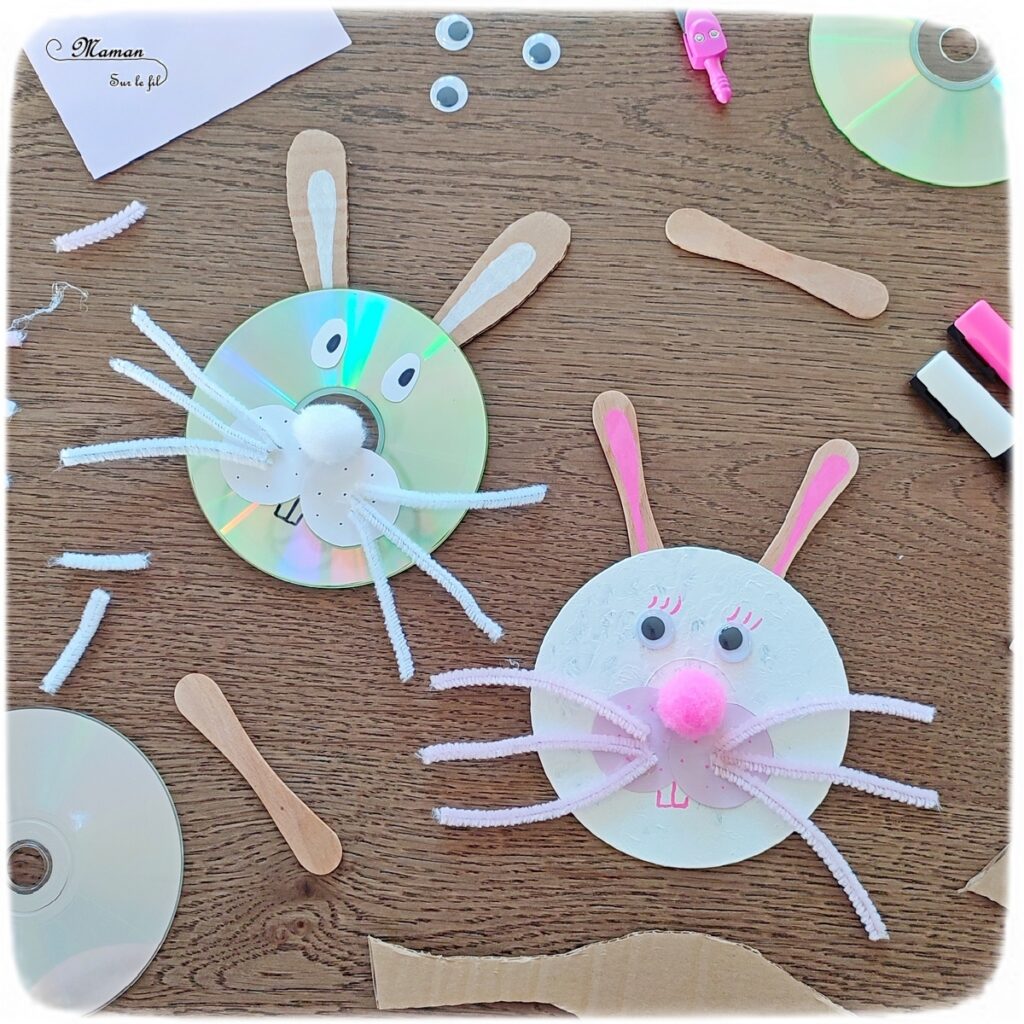 Activité créative et manuelle enfants - Fabriquer des lapins avec de vieux CD - Récup, recyclage, surcyclage carton, cd, bâtonnets de glace en bois - Découpage, collage, peinture - Décoration - Bricolage facile et rapide pour le printemps, Pâques ou un thème sur les animaux de la ferme - Arts visuels Maternelle et élémentaire - Créativité - Cycle 1 ou 2 - Tutoriel Photos - mslf