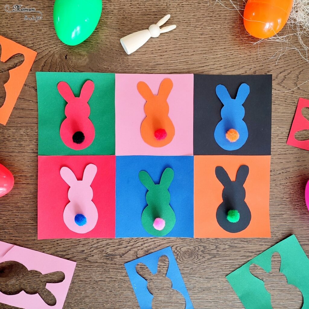 Activité créative, manuelle, pédagogique et éducative enfants - Fabriquer un jeu des petits lapins de Pâques façon Andy Warhol - 2 en 1 - Multiples utilisations - Jeu DIY à fabriquer ou art visuel à la manière Andy Warhol - Papiers colorés, découpage, pompons et collage - Association de couleurs ou utilisation libre et créative - Bricolage facile pour printemps, Pâques ou thème animaux de la ferme - Atelier Maternelle et élémentaire - Créativité - Cycle 1 ou 2 - mslf