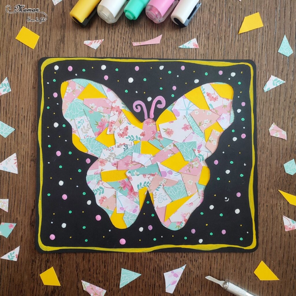 Activité créative et manuelle enfants - Créer un papillon en mosaïque de chutes de papier aux motifs fleuris et printaniers - récup', recyclage, surcyclage - Papier, Découpage collage -Contraste Noir et couleurs - Carte à offrir - Bricolage pour le printemps ou un thème sur les insectes et autres petites bêtes du jardin - animaux - Arts visuels Maternelle et élémentaire - Créativité - Cycle 1 ou 2 - Tutoriel Photos - mslf