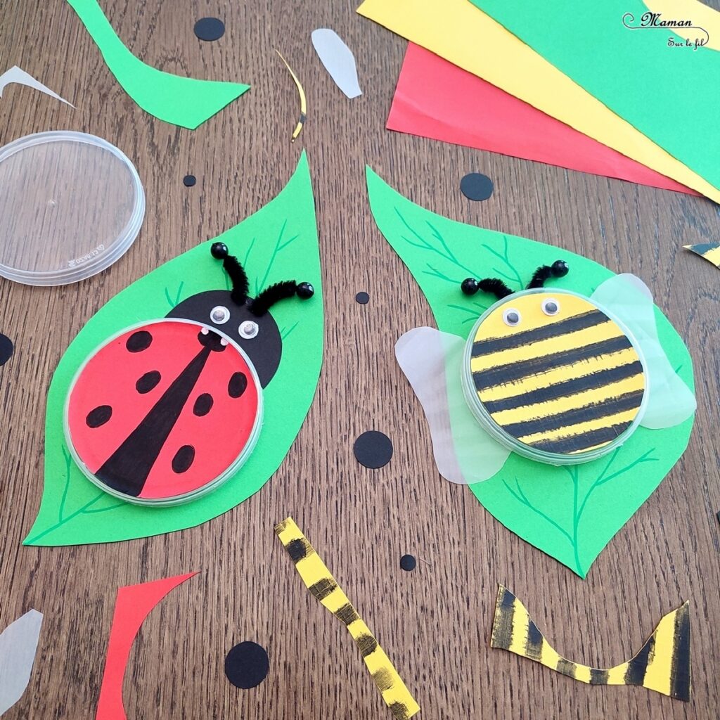 Activité créative et manuelle enfants - Fabriquer des insectes en récup' de bouchons de chips type Pringles - Abeille et coccinelle sur leur feuille - recyclage, surcyclage de bouchons de boites de chips et tuiles type Pringles -Découpage et collage de papier et de calque- Dessin - Décoration - Bricolage facile et rapide pour le printemps ou un thème sur les insectes et animaux - Arts visuels Maternelle et élémentaire - Créativité - Cycle 1 ou 2 - Tutoriel Photos - mslf