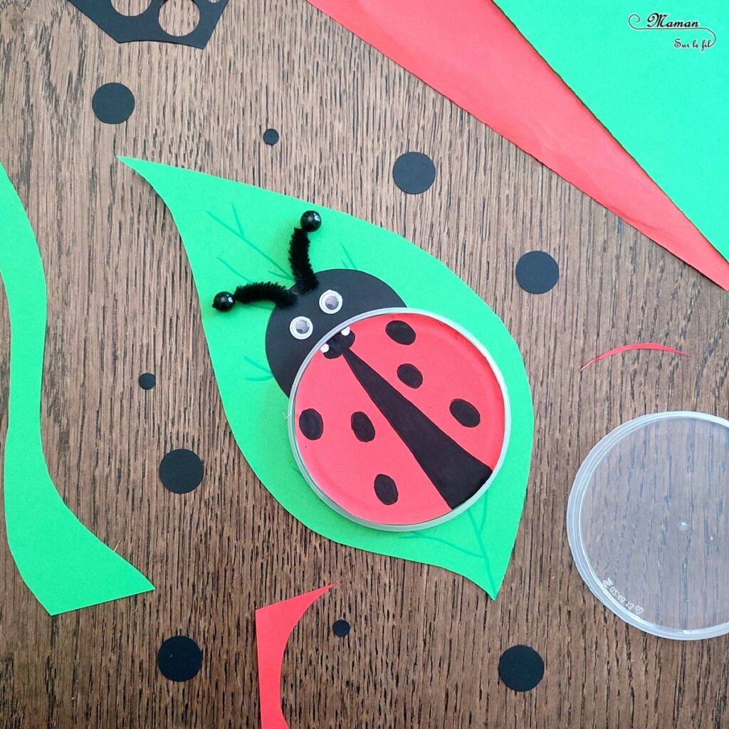 Activité créative et manuelle enfants - Fabriquer des insectes en récup' de bouchons de chips type Pringles - Abeille et coccinelle sur leur feuille - recyclage, surcyclage de bouchons de boites de chips et tuiles type Pringles -Découpage et collage de papier et de calque- Dessin - Décoration - Bricolage facile et rapide pour le printemps ou un thème sur les insectes et animaux - Arts visuels Maternelle et élémentaire - Créativité - Cycle 1 ou 2 - Tutoriel Photos - mslf