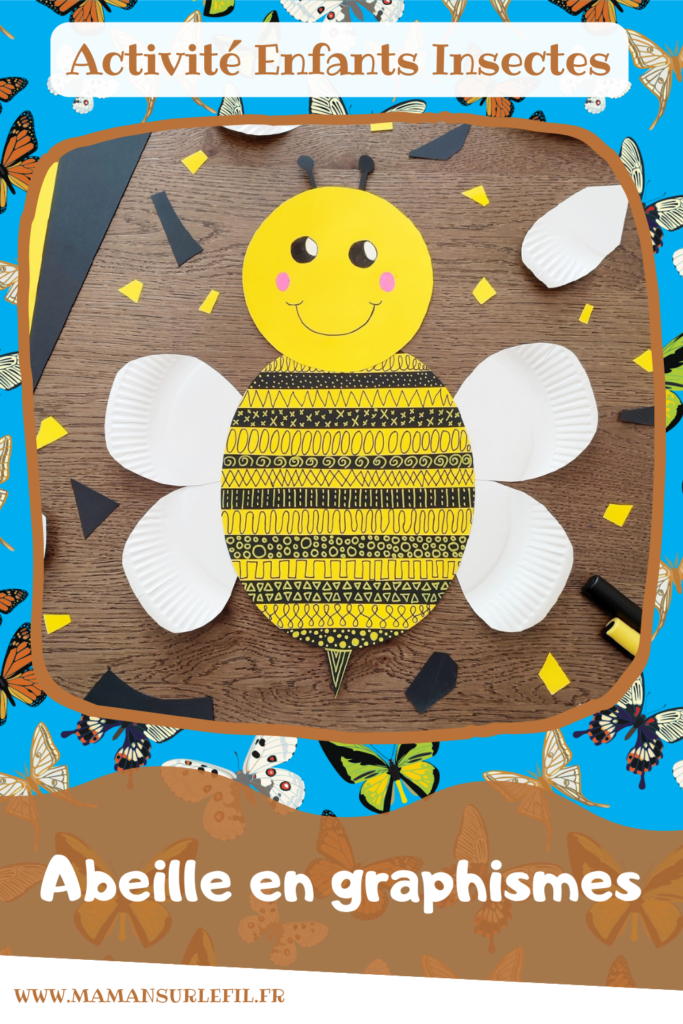 Activité créative et manuelle enfants - Créer une abeille en graphismes - Bandes de papier découpées et collées - Abeille graphique - récup', recyclage, surcyclage assiettes en carton pour les ailes -Découpage et collage - Dessin - Bricolage facile et rapide pour le printemps ou un thème sur les insectes et animaux - Arts visuels Maternelle et élémentaire - Créativité - Cycle 1 ou 2 - Tutoriel Photos - mslf