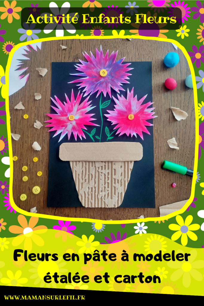 Activité créative et manuelle enfants - Créer des fleurs en pâte à modeler étalée et leur pot en carton déchiré - Technique pour effet marbré - Récup', recyclage, surcyclage de carton ondulé et de boutons - Dessin et Motricité fine - Découpage et collage - Décoration - Bricolage facile et original pour le printemps ou un thème sur les fleurs - Arts visuels Maternelle et élémentaire - Créativité - Cycle 1 ou 2 - Tutoriel Photos - mslf