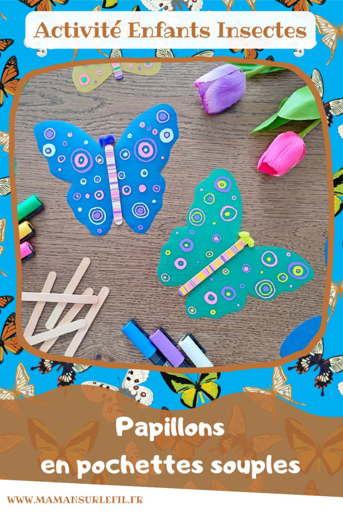 Activité créative et manuelle / bricolage enfants - Fabriquer des papillons volants en plastique souple - Récup', recyclage, surcyclage de pochettes plastique colorées et de bâtonnets de glace en bois - Dessin et graphismes cercles - Fils chenille - Jeu DIY rigolo - Décoration - Bricolage pour le printemps ou un thème sur les insectes et autres petites bêtes du jardin - animaux - Arts visuels Maternelle et élémentaire - Créativité - Cycle 1 ou 2 - Tutoriel Photos et vidéos - mslf