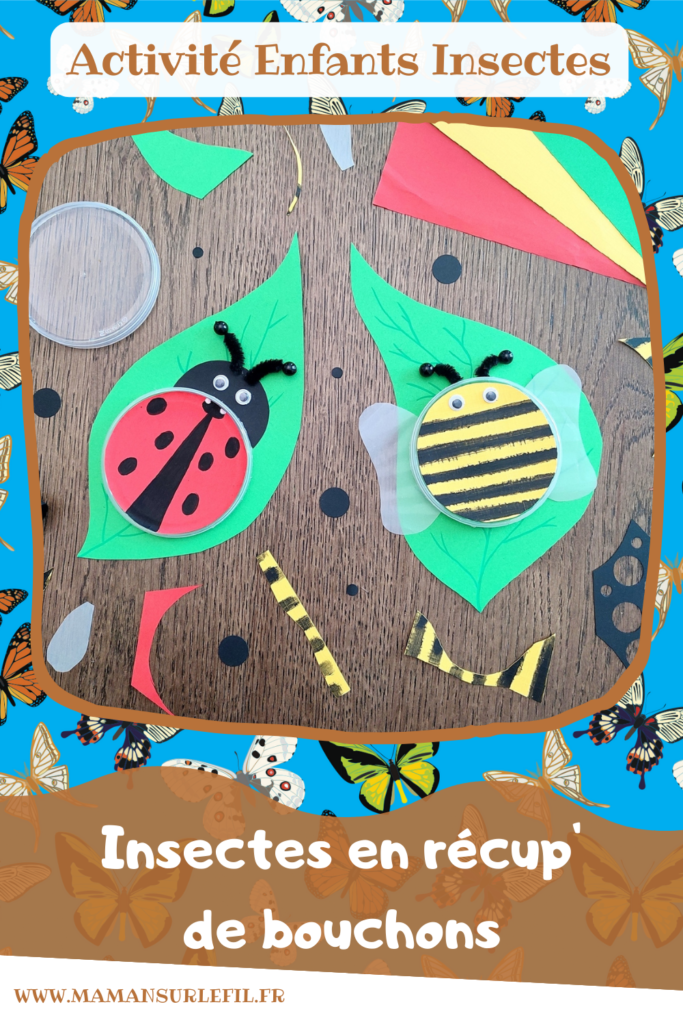 Activité créative et manuelle enfants - Fabriquer des insectes en récup' de bouchons de chips type Pringles - Abeille et coccinelle sur leur feuille - recyclage, surcyclage de bouchons de boites de chips et tuiles type Pringles -Découpage et collage de papier et de calque- Dessin - Décoration - Bricolage facile et rapide pour le printemps ou un thème sur les insectes et animaux - Arts visuels Maternelle et élémentaire - Créativité - Cycle 1 ou 2 - Tutoriel Photos - mslf