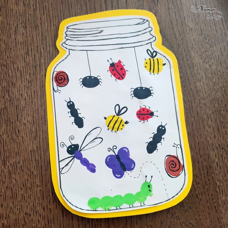 Créer un bocal avec des insectes peints en empreintes de doigts : une activité créative et manuelle enfants - Peinture et dessin ludique - remplir un bocal d'insectes divers : coccinelles, abeilles, papillons, fourmis, libellules, escargots, araignées, chenilles, petites bêtes en empreintes de doigts - Découpage, bricolage, dessin libre - Bricolage facile et rapide pour le printemps ou un thème sur les insectes - Arts visuels Maternelle et élémentaire - Créativité - Cycle 1 ou 2 - tutoriel photos - mslf