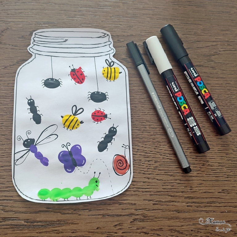 Créer un bocal avec des insectes peints en empreintes de doigts : une activité créative et manuelle enfants - Peinture et dessin ludique - remplir un bocal d'insectes divers : coccinelles, abeilles, papillons, fourmis, libellules, escargots, araignées, chenilles, petites bêtes en empreintes de doigts - Découpage, bricolage, dessin libre - Bricolage facile et rapide pour le printemps ou un thème sur les insectes - Arts visuels Maternelle et élémentaire - Créativité - Cycle 1 ou 2 - tutoriel photos - mslf