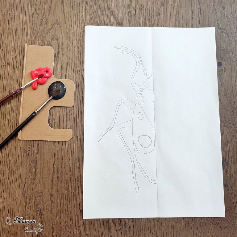 Peindre un gendarme avec la symétrie : une activité créative et manuelle enfants - Peinture symétrique d'un pyrrhocore - insecte rouge et noir - Pliage et empreinte de peinture - Modèle et coloriage - Découpage, bricolage, dessin - Bricolage facile et rapide pour le printemps ou un thème sur les insectes - Arts visuels Maternelle et élémentaire - Créativité - Cycle 1 ou 2 - tutoriel photos - mslf