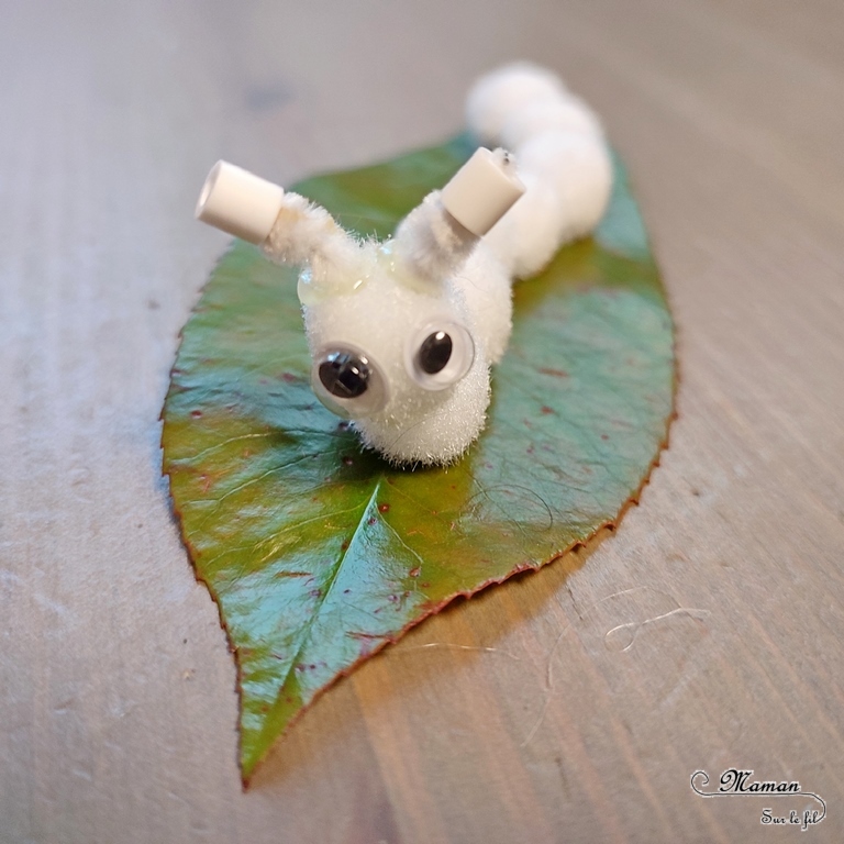 Fabriquer des chenilles en pompons : une activité créative et manuelle pour les enfants - Land art et collage - Chenilles multicolore, arc-en-ciel et blanche sur leur feuille - Bricolage mignon, facile et rapide DIY et fait maison - Nature - Décoration - Pour le printemps ou un thème sur les insectes ou les papillons - Arts visuels Maternelle et élémentaire - Créativité - Cycle 1 ou 2 - tutoriel photos - mslf