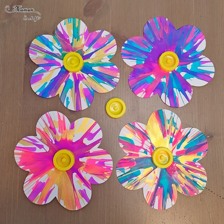 Créer un bouquet de fleurs en peinture à l'essoreuse à salade : une activité créative et manuelle enfants - Technique rigolote de peinture et récup' - Découpage, recyclage de bouchons - Bricolage à offrir pour les fêtes - Décoration - Bricolage facile et original pour le printemps ou un thème sur les fleurs - Arts visuels Maternelle et élémentaire - Créativité - Cycle 1 ou 2 - Tutoriel Photos - mslf