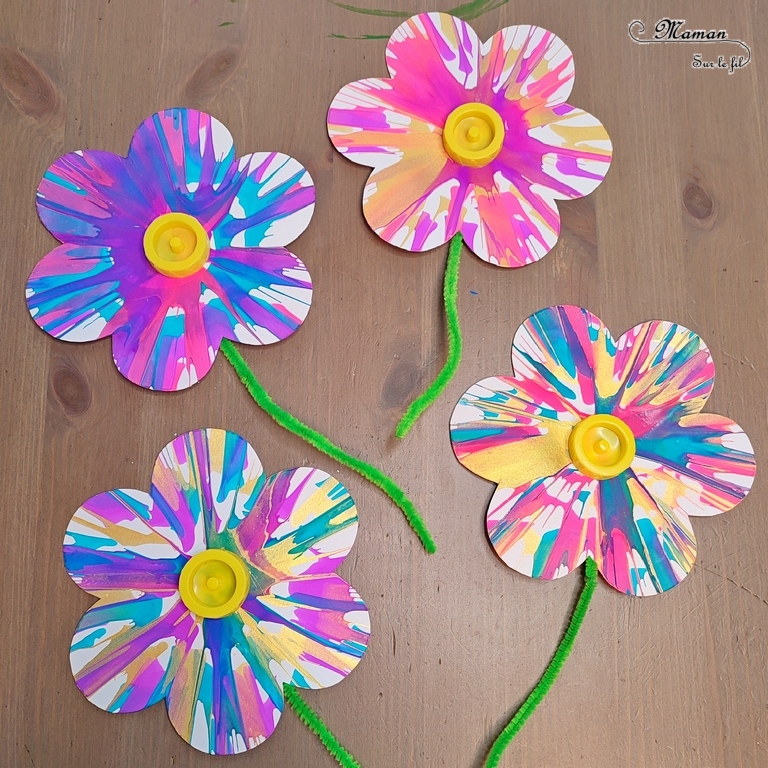 Créer un bouquet de fleurs en peinture à l'essoreuse à salade : une activité créative et manuelle enfants - Technique rigolote de peinture et récup' - Découpage, recyclage de bouchons - Bricolage à offrir pour les fêtes - Décoration - Bricolage facile et original pour le printemps ou un thème sur les fleurs - Arts visuels Maternelle et élémentaire - Créativité - Cycle 1 ou 2 - Tutoriel Photos - mslf