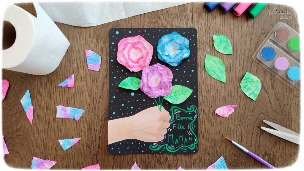 Créer une carte Bouquet de fleurs en papier toilettes : une activité créative et manuelle enfants - Bricolage avec du papier et de la peinture ou de l'encre - Cadeau à offrir pour fête des mères, pères, grands-mères, parents... - Bricolage facile et original pour le printemps ou un thème sur les fleurs - Arts visuels Maternelle et élémentaire - Créativité - Cycle 1 ou 2 - Tutoriel Photos - mslf