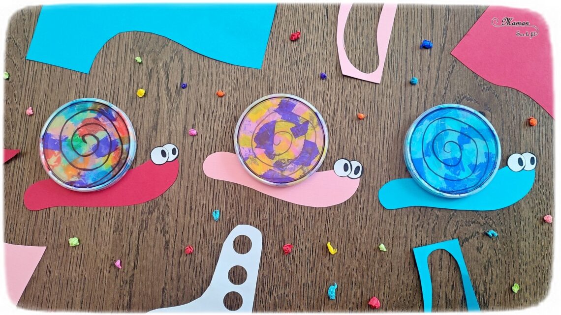 -Activité créative et manuelle enfants - Fabriquer des escargots en récup' de bouchons de chips type Pringles et papiers de soie - Escargots colorés utilisables en attrape-soleil - Déchirage et collage de papier de soie - recyclage, surcyclage de couvercles de boites de chips et tuiles type Pringles - Dessin - Décoration - Bricolage facile et rapide pour le printemps ou un thème sur les insectes, petites bêtes et animaux - Arts visuels Maternelle et élémentaire - Créativité - Cycle 1 ou 2 - Tutoriel Photos - mslf