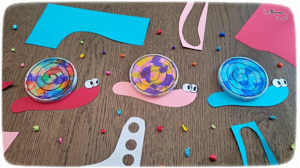 Activité créative et manuelle enfants - Fabriquer des escargots en récup' de bouchons de chips type Pringles et papiers de soie - Escargots colorés utilisables en attrape-soleil - Déchirage et collage de papier de soie - recyclage, surcyclage de couvercles de boites de chips et tuiles type Pringles - Dessin - Décoration - Bricolage facile et rapide pour le printemps ou un thème sur les insectes, petites bêtes et animaux - Arts visuels Maternelle et élémentaire - Créativité - Cycle 1 ou 2 - Tutoriel Photos - mslf