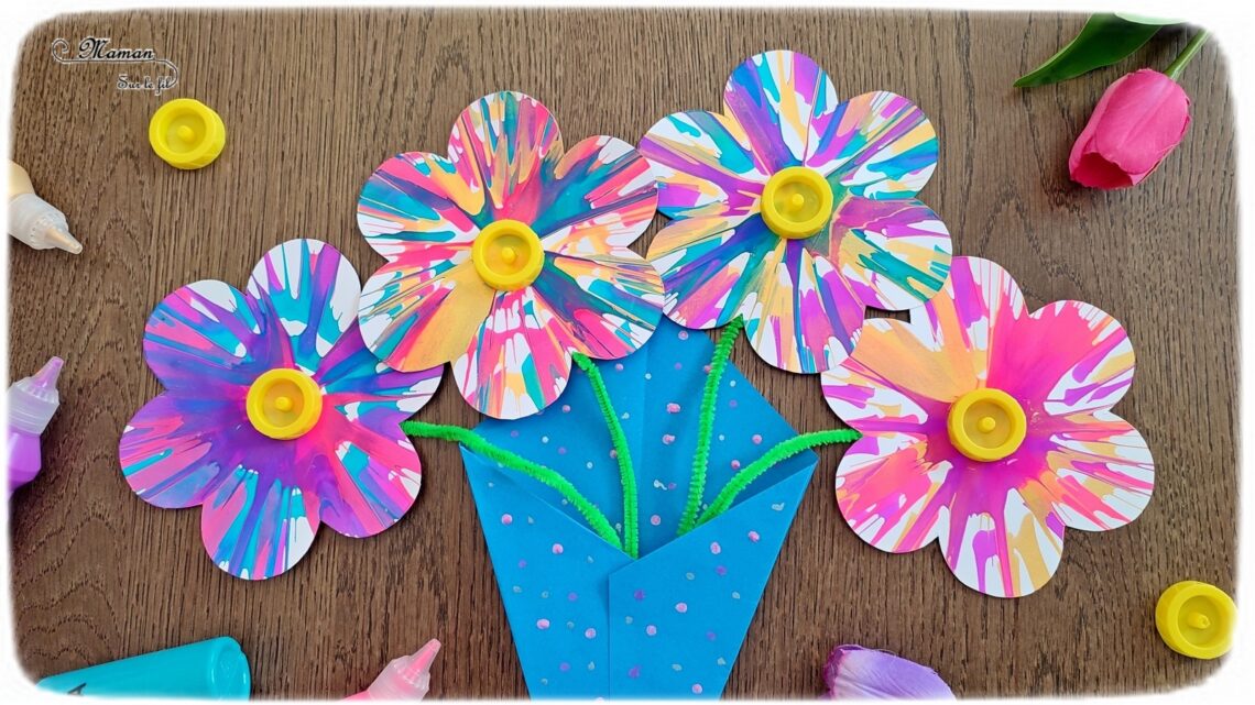 Créer un bouquet de fleurs en peinture à l'essoreuse à salade : une activité créative et manuelle enfants - Technique rigolote de peinture et récup' - Découpage, recyclage de bouchons - Bricolage à offrir pour les fêtes - Décoration - Bricolage facile et original pour le printemps ou un thème sur les fleurs - Arts visuels Maternelle et élémentaire - Créativité - Cycle 1 ou 2 - Tutoriel Photos - mslf