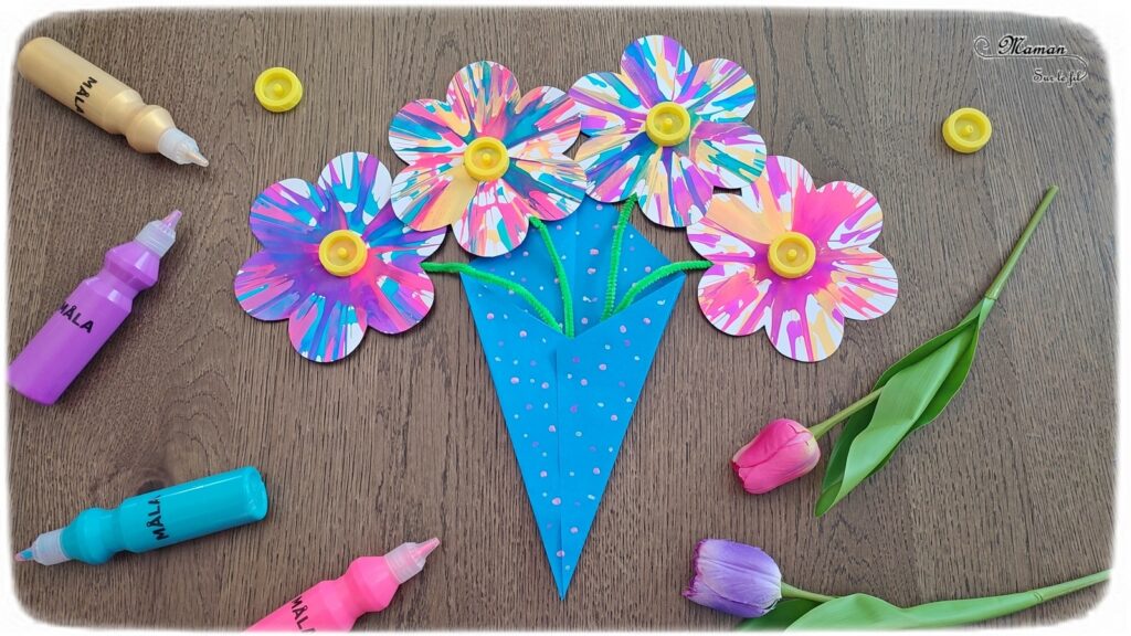 Créer un bouquet de fleurs en peinture à essoreuse à salade : une activité créative et manuelle enfants - Technique rigolote de peinture et récup' - Découpage, recyclage de bouchons - Bricolage à offrir pour les fêtes - Décoration - Bricolage facile et original pour le printemps ou un thème sur les fleurs - Arts visuels Maternelle et élémentaire - Créativité - Cycle 1 ou 2 - Tutoriel Photos - mslf