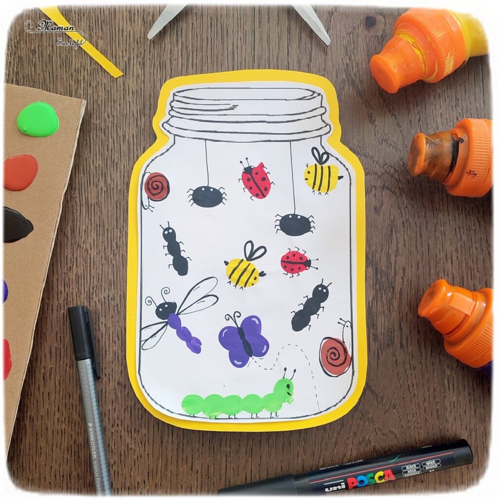 Créer un bocal avec des insectes peints en empreintes de doigts : une activité créative et manuelle enfants - Peinture et dessin ludique - remplir un bocal d'insectes divers : coccinelles, abeilles, papillons, fourmis, libellules, escargots, araignées, chenilles, petites bêtes en empreintes de doigts - Découpage, bricolage, dessin libre - Bricolage facile et rapide pour le printemps ou un thème sur les insectes - Arts visuels Maternelle et élémentaire - Créativité - Cycle 1 ou 2 - tutoriel photos - mslf