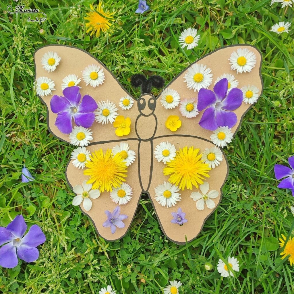 Activité créative et manuelle enfants - Fabriquer un papillon en carton et en fleurs, pâquerettes, pissenlits... - Récup, recyclage, surcyclage - Découpage, bricolage, dessin, jeu DIY - Motricité fine et nature - Land art avec fleurs - Mettre les fleurs dans les trous - Décoration - Bricolage facile et rapide pour le printemps ou un thème sur les insectes - Arts visuels Maternelle et élémentaire - Créativité - Cycle 1 ou 2 - travail autour de la symétrie possible - tutoriel photos - mslf