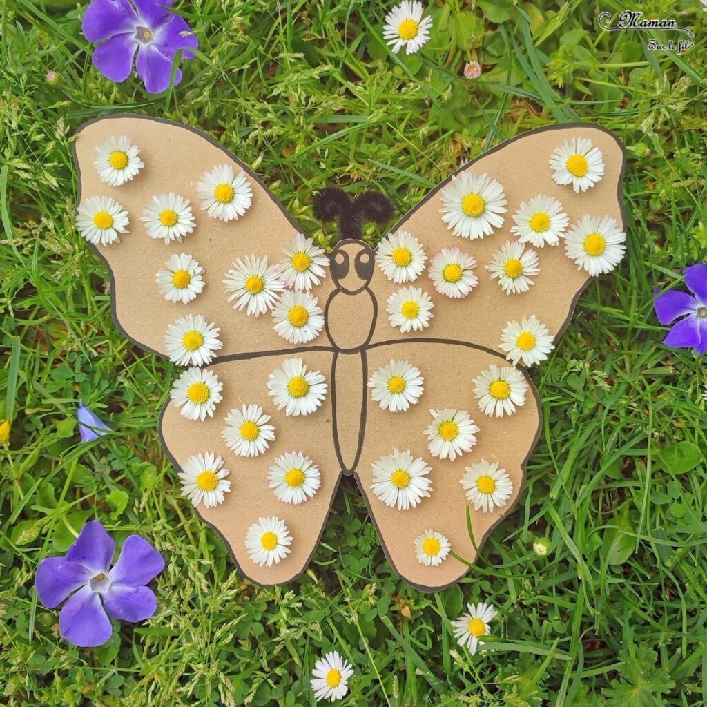 Activité créative et manuelle enfants - Fabriquer un papillon en carton et en fleurs, pâquerettes, pissenlits... - Récup, recyclage, surcyclage - Découpage, bricolage, dessin, jeu DIY - Motricité fine et nature - Land art avec fleurs - Mettre les fleurs dans les trous - Décoration - Bricolage facile et rapide pour le printemps ou un thème sur les insectes - Arts visuels Maternelle et élémentaire - Créativité - Cycle 1 ou 2 - travail autour de la symétrie possible - tutoriel photos - mslf