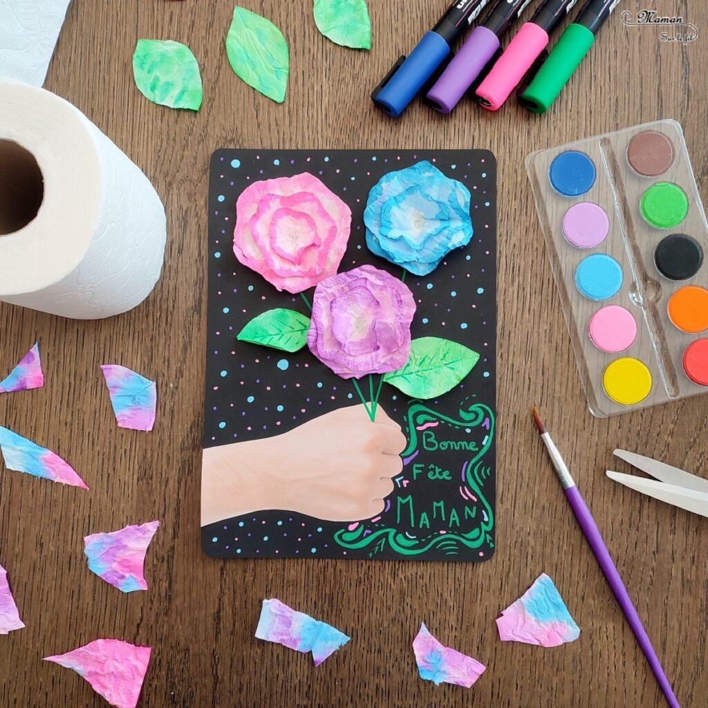 Créer une carte Bouquet de fleurs en papier toilettes : une activité créative et manuelle enfants - Bricolage avec du papier et de la peinture ou de l'encre - Cadeau à offrir pour fête des mères, pères, grands-mères, parents... - Bricolage facile et original pour le printemps ou un thème sur les fleurs - Arts visuels Maternelle et élémentaire - Créativité - Cycle 1 ou 2 - Tutoriel Photos - mslf