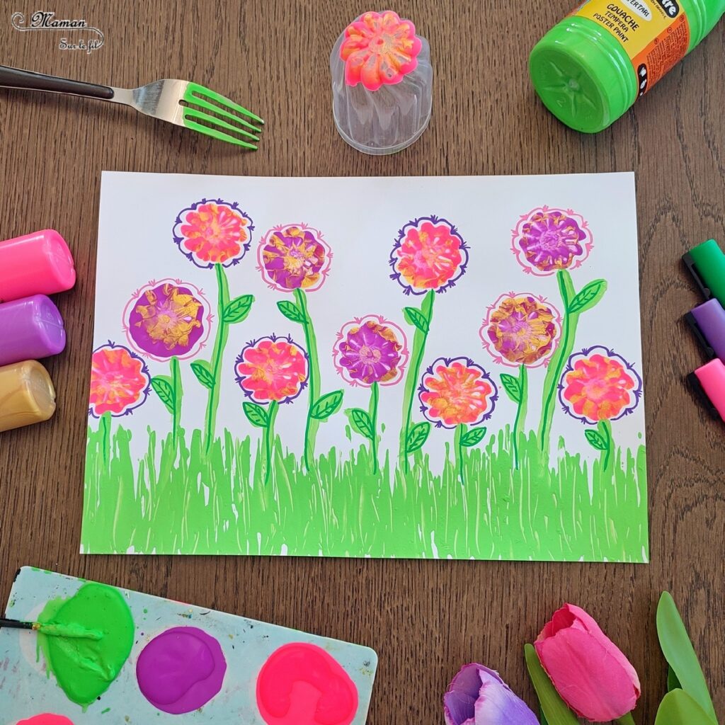 Peindre un champ de fleurs avec un bouchon de chantilly et une fourchette : une activité créative et manuelle enfants - Technique rigolote de peinture et dessin - Récup', recyclage, surcyclage - Peinture enfants - Bricolage facile et original pour le printemps ou un thème sur les fleurs - Arts visuels Maternelle et élémentaire - Créativité - Cycle 1 ou 2 - Tutoriel Photos et Vidéos - mslf