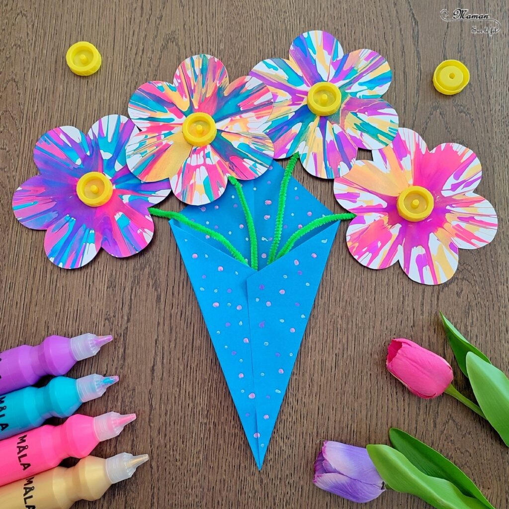 Créer un bouquet de fleurs en peinture à l'essoreuse à salade : une activité créative et manuelle enfants - Technique rigolote de peinture et récup' - Découpage, recyclage de bouchons - Bricolage à offrir pour les fêtes - Décoration - Bricolage facile et original pour le printemps ou un thème sur les fleurs - Arts visuels Maternelle et élémentaire - Créativité - Cycle 1 ou 2 - Tutoriel Photos - mslf